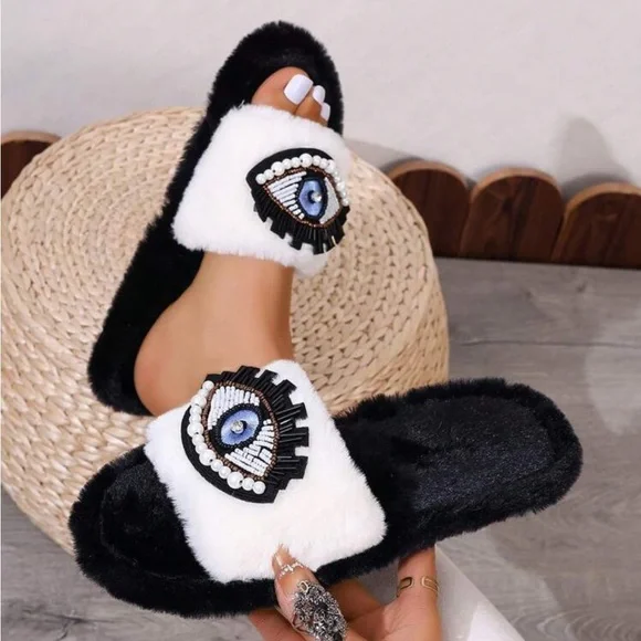Bejeweled Evil Eye Slippers, Evil Eye Fuzzy Slippers - Picture 6 of 10